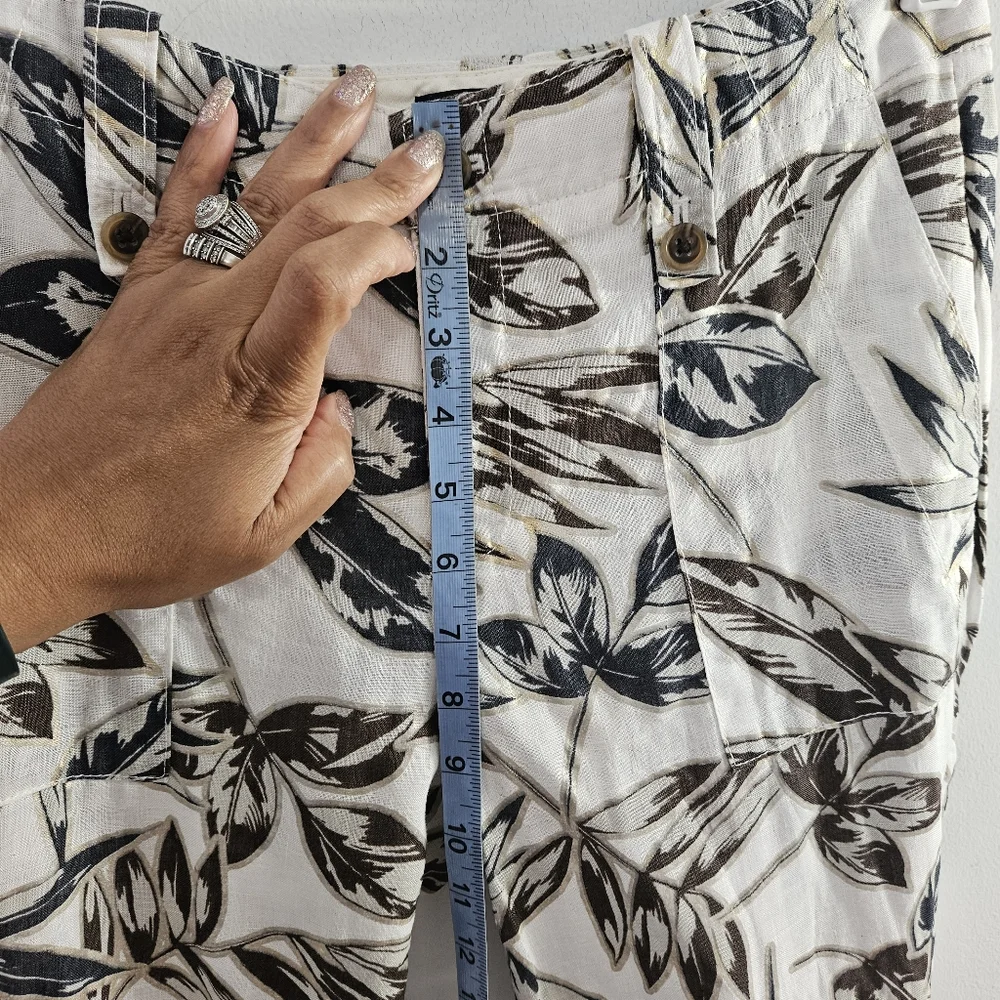J. Crew Women's Pants Cropped Gold Foil Leaf Garden Pants w/Pockets 100% Linen